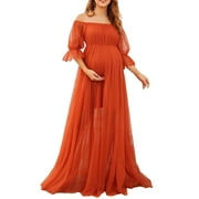 Wassery Maternity Dresses for Photoshoot Women Off Shoulder Tulle Gown Maxi Photography Dresses