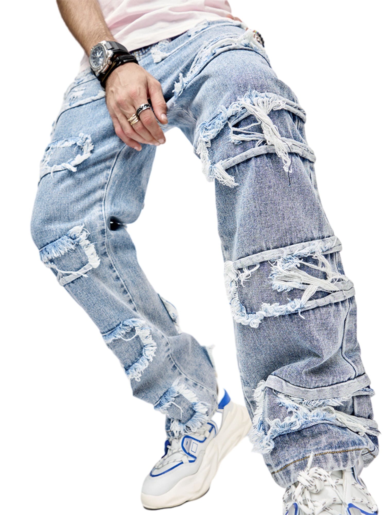 Wassery Men's Straight Leg Jeans Stacked Denim Trousers Vintage Casual Jeans  Frayed Ripped Jean Washed Denim Pants Streetwear Clothes 