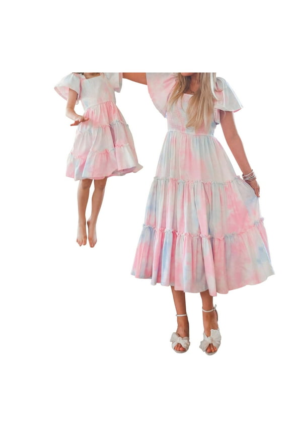 Mommy And Me Parent-child Summer Casual A-line Dress Short Sleeve Square Neck Tie Dye Print Dress Hawaiian Family Matching Dress