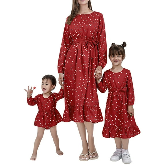 Wassery Mommy and Me Dresses Family Matching Outfits Dress Mom Kid Girls Dots Print Ruffle Dress with Belt Baby Girls Romper Skirt