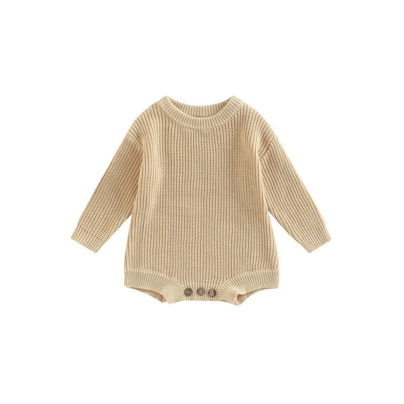 Wassery Newborn Baby Bodysuit for Boys Girls Infant Fall Winter Clothes Round Neck Long Sleeve Knitting Ribbed Romper Solid Color Button Jumpsuits 0-24 Months