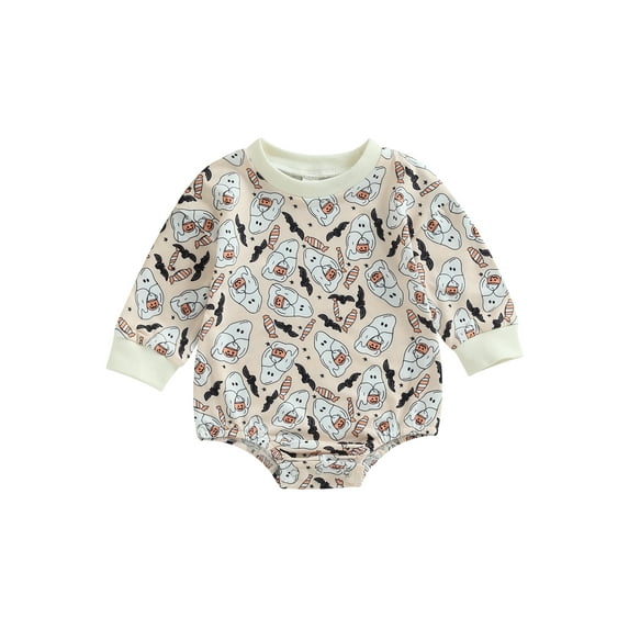 Wassery Newborn Baby Boys Girls Halloween Outfit Long Sleeve Ghost Flower Pumpkin Print Romper Jumpsuits 3 6 12 18 Months Infant My 1st Halloween Clothes Costume 0-18M