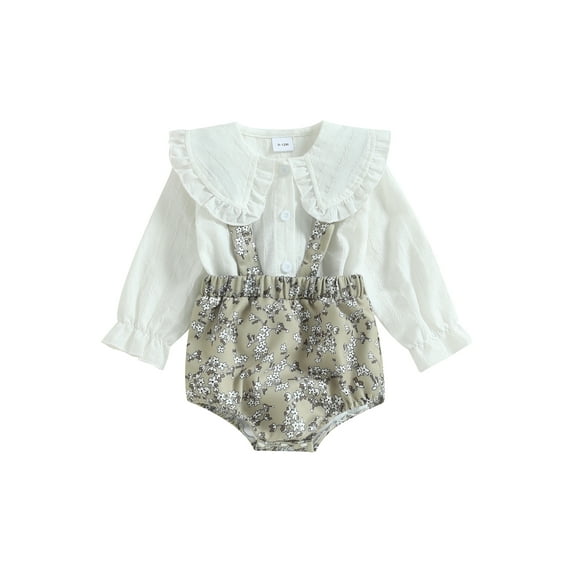 Wassery Newborn Baby Girls 2 Piece Outfit Long Sleeve Ruffle Tops and Floral Suspender Shorts 3 6 9 12 18 Months Infant Summer Cute Clothes Set