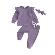 Wassery Newborn Girl Fall Outfits 3Pcs Baby Girl Clothes Set Solid Color Crew Neck Long Sleeve Sweatshirts Long Pants Headband 3 6 9 12 18 24 Months Infant Girls Autumn Clothing