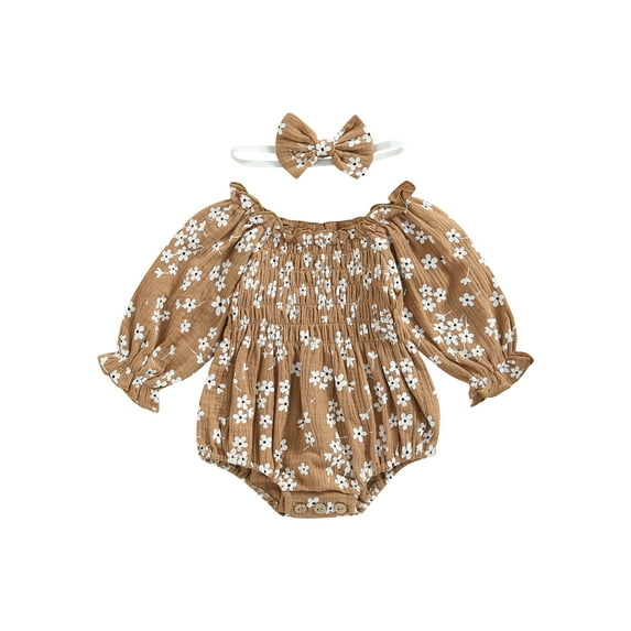 Wassery Newborn Girl Romper Outfits 6 12 18 24 Months Autumn Clothes Long Sleeve Floral Printed Pleated One Piece Jumpsuit + Cute Bow-Knot Headband Set