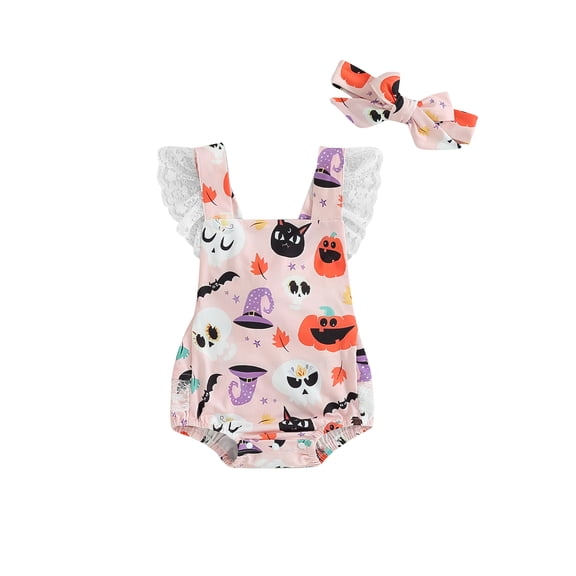 Wassery Newborn Girl Summer Outfit Infant Baby Halloween Clothes Sleeveless Square Neck Pumpkin Skull Print Lace Patchwork Romper with Hairband 0-18 Months