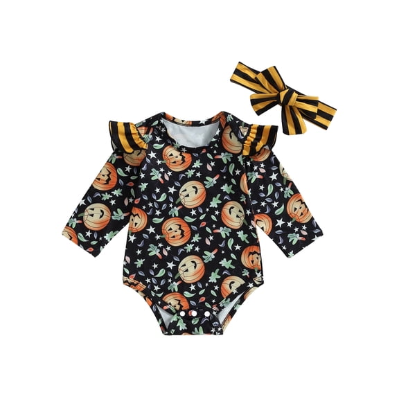Wassery Newborn Halloween Costume Baby Girls Fall Outfit Long Sleeve Crew Neck Pumpkin Print Romper with Hairband Infant Halloween Jumpsuits Clothes 0-24 Months
