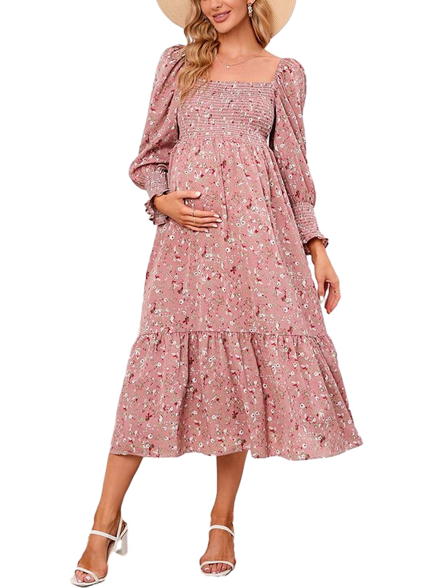 Wassery Spring Fall Casual Maternity Dress Pregnancy Dress Women  Breastfeeding Dresses Long Sleeve Square Neck Pleated Floral Long Dress -  Walmart.com
