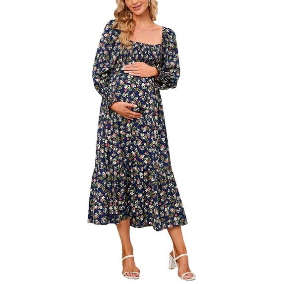 Wassery Spring Fall Casual Maternity Dress Pregnancy Dress Women Breastfeeding Dresses Long Sleeve Square Neck Pleated Floral Long Dress
