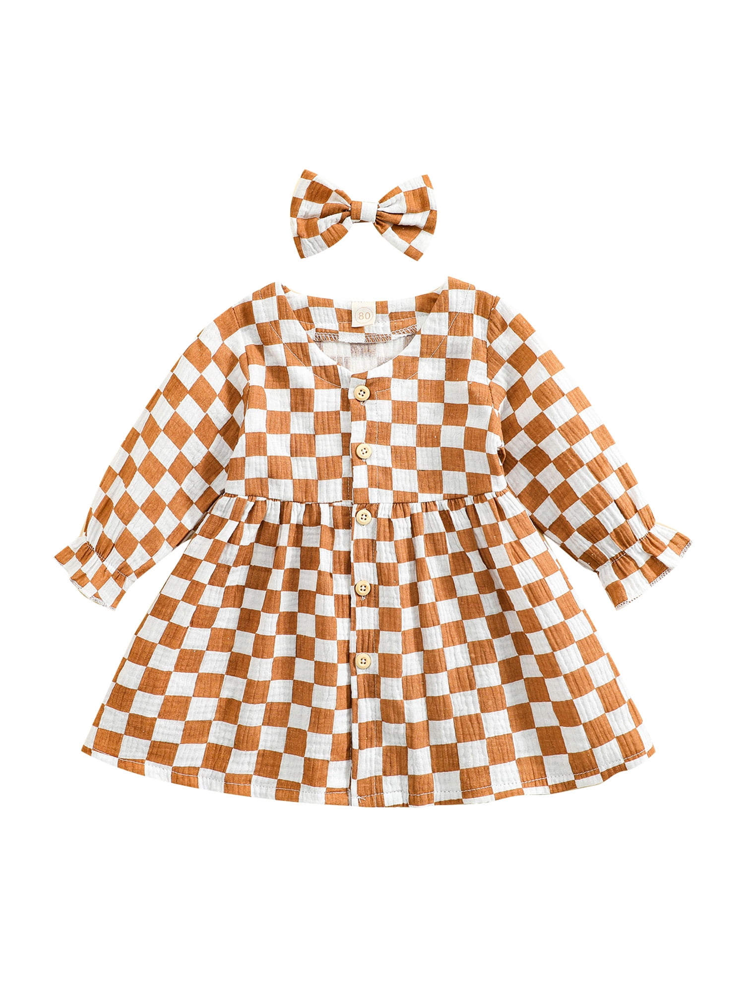 Wassery Spring Fall Toddlers Baby Girls Dress Plaid Round Collar  Single-breasted Long Sleeve Princess Skirt + Bow Hairpin 