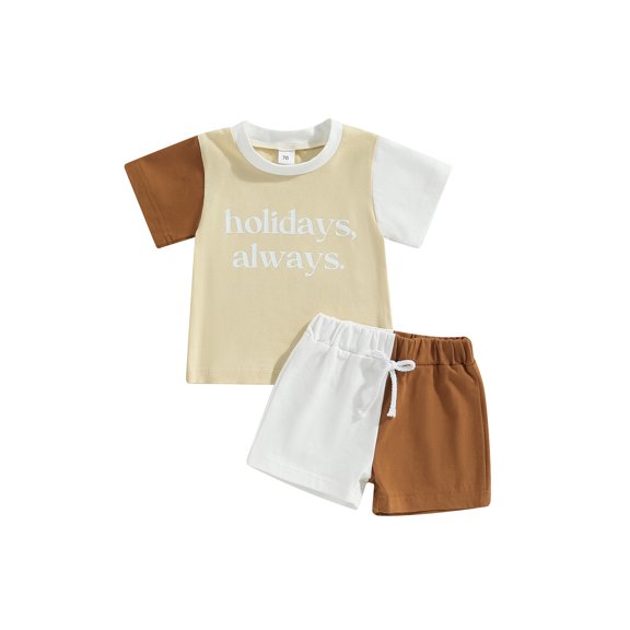 Wassery Toddle Boys Summer Outfits Letter Print Loose Short Sleeve T-shirt and Casual Elastic Contrast Color Shorts Set 0-3T