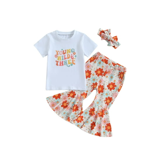 Wassery Toddle Girls Pants Set Short Sleeves Letters T-Shirt Tops+ Floral Bell-Bottoms Pants + Head Band 2 3 4 Year Girls Summer Birthdy Party Clothes Outfits