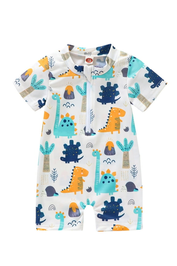 Toddle Kids Boys Summer One-Piece Swimsuit Cartoon Dinosaur Printed Swimwear Infant Baby Boys Short Sleeve Zipper Rash Guard Jumpsuit Bathing Suits Beachwear 0-4T