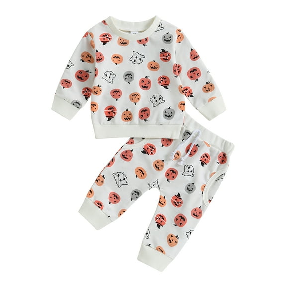 Wassery Toddler 2Pcs Halloween Outfits Set Long Sleeve Pumpkin Ghost Print Sweatshirt + Pants Set Baby Boys Girls Casual Fall Clothes
