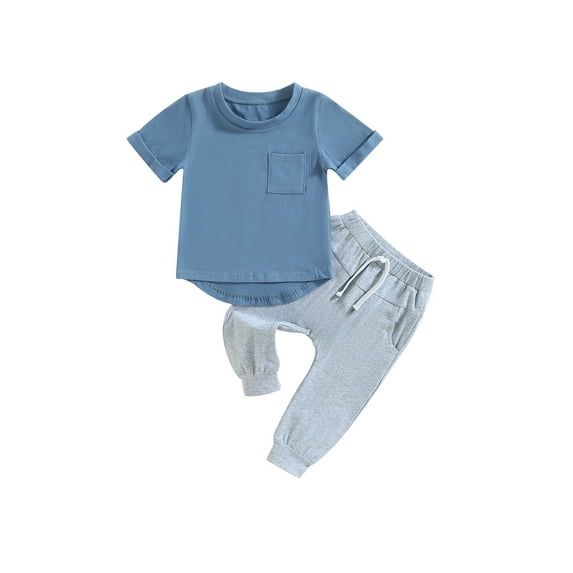 Wassery Toddler Baby 2Pcs Summer Outfits, Solid Color Short Sleeve Pocket T-Shirt + Elastic Waist Jogger Pants Set 2Pcs Casual Clothes 0-3T