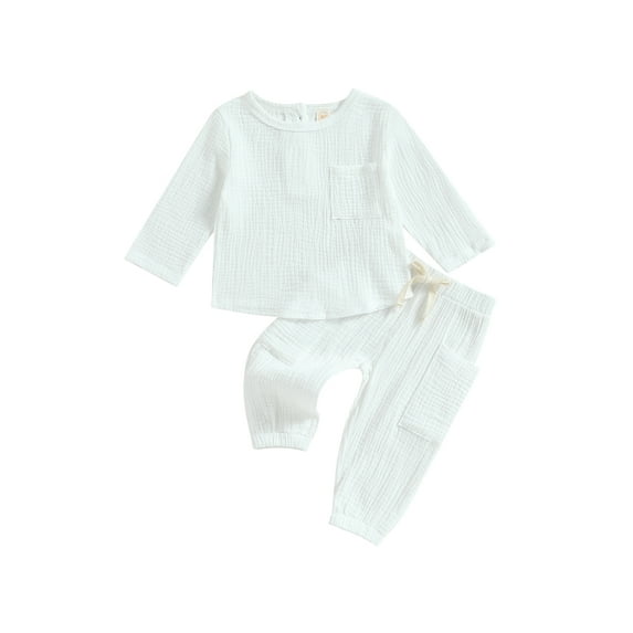 Wassery Toddler Baby Boys Girls 2 Piece Cotton Linen Outfit Solid Color Long Sleeve Button T-shirt +Pants with Pockets Infant Fall Casual Clothes 6M-4T