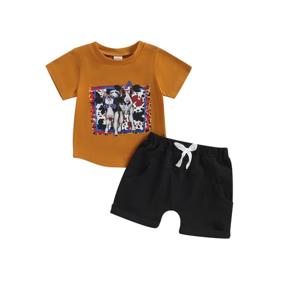 Wassery Toddler Baby Boys Girls Outfits Cow Print Short Sleeve T-shirt  Round Neck Tops and Drawstring Elastic Shorts Set 2pcs Summer Casual Clothes 0-3T