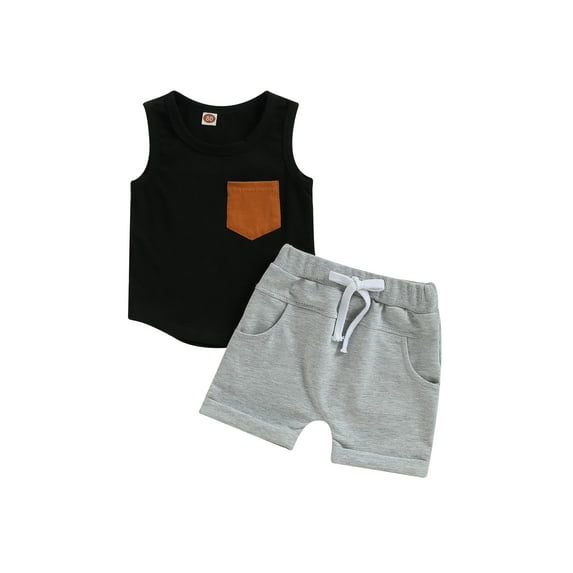 Wassery Toddler Baby Boys Summer Clothes Set , Sleeveless Round Neck Chest Pocket Vest Tops + Drawstring Short Pants Outfit 0-3T