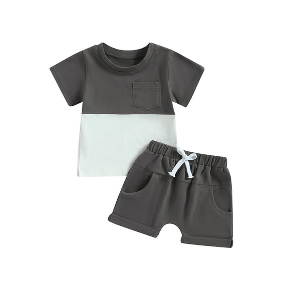 Wassery Toddler Baby Boys Summer Outfits Short Sleeve Patchwork T-shirt Round Neck Tops and Casual Elastic Drawstring Shorts 2Pcs Set 0-3T