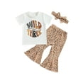 thumbnail image 1 of Wassery Toddler Baby Girl Birthday Outfit Letter Print Short Sleeve T-shirt and Casual Leopard Print Flare Pants Headbands Set 3 Year Old Birthday Outfit, 1 of 8