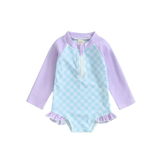 Wassery Toddler Baby Girl Rush Guard Bikini Zipper Swimsuits 12M 18M 2T 3T 4T 5T Kids Girl One Piece Swimwear Summer Ruffled Checkerboard Print Long Sleeve Jumpsuit Beachwear Bathing Suits