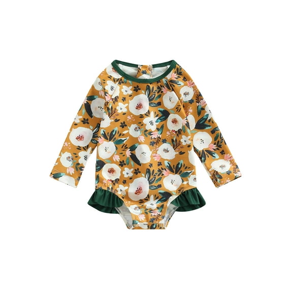 Wassery Toddler Baby Girl Summer Romper Swimsuit Flower Print Long Sleeve Round Neck Ruffle One Piece Rash Guard Bikini Bathing Suit Beachwear 9M-4T