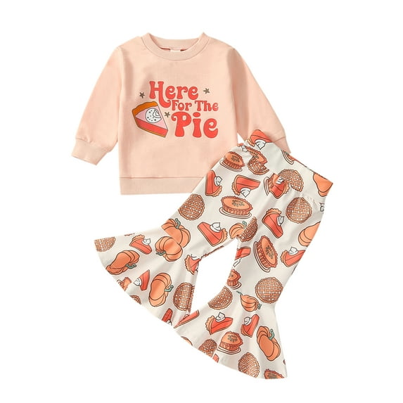 Wassery Toddler Baby Girl Thanksgiving Clothes 6M 12M 18M 24M 3T 4T 5T Little Girls Long Sleeve Letter Print Sweatshirt Top Pie Print Flare Pants Set Kids Girl Casual Fall Thanksgiving Outfit 0-5Y