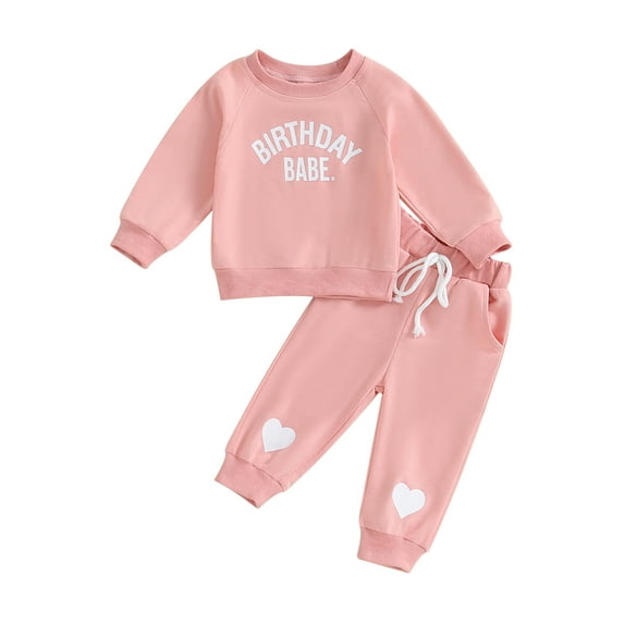 Wassery Toddler Baby Girls Birthday Clothes 6M 9M 12M 18M 2T 3T Kids Girls Long Sleeve Crew Neck Letter Heart Print Sweatshirt Drawstring Pants Sets 2Pcs Fall Winter Clothes