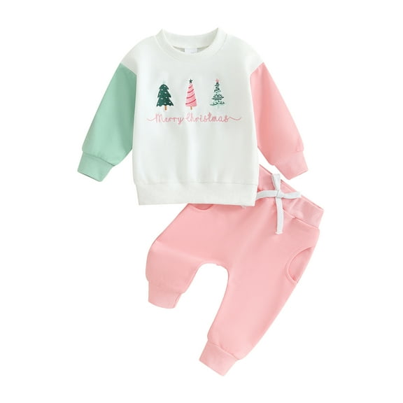 Wassery Toddler Baby Girls Christmas Outfits 2Pcs Infant Girl Fall Clothes Set Christmas Tree Embroidery Contrast Color Long Sleeve Sweatshirts and Pants Set 3M-3T