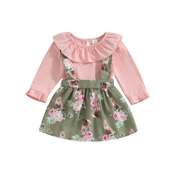 Wassery Toddler Baby Girls Fall Outfits Solid Color Doll Collar Long Sleeve Tops Floral Print Suspender Skirts 2Pcs Kids Girls Cute Clothes Set