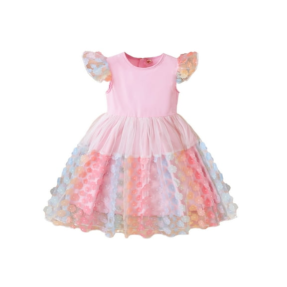 Wassery Toddler Baby Girls Princess Dresses Elegant Fly Sleeve Crew Neck Flower Print Tulle Patchwork Dress Birthday Party Dress 8-12 Years