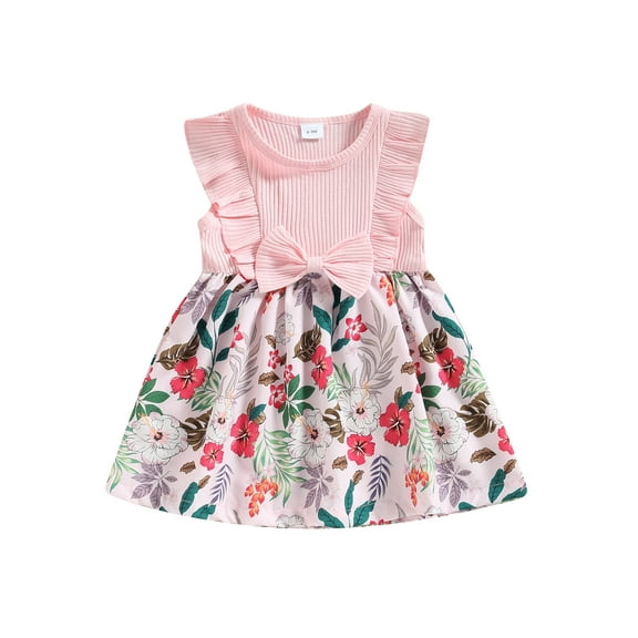 Wassery Toddler Baby Girls Summer Dresses Fly Sleeve Round Neck Bow Front Floral Print Dress Birthday Princess Dress 9M-3T