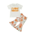 thumbnail image 1 of Wassery Toddler Baby Girls Summer Outfits Letter Print Short Sleeve Tops Crew Neck T-shirt with Floral Flare Long Pants 2Pcs Set 6M-4T, 1 of 8