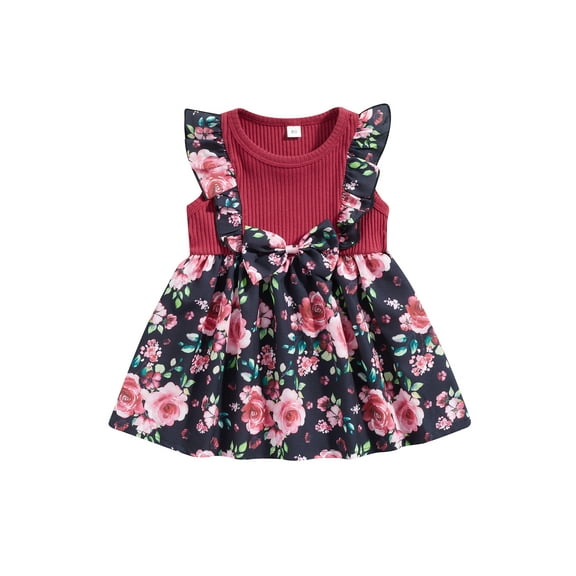 Wassery Toddler Baby Girls Summer Romper Dresses Princess Elegant Sleeveless Ruffle Bow Front Floral Print Dress Birthday Party Outfits 9M-4T