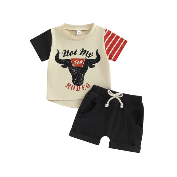 Wassery Toddler Boys 2PCS Western Shorts Sets 6M 12M 18M 24M 3T Infant Baby Boys Clothes Short Sleeve Contrast Color Tops and Drawstring Shorts Sets Cowboy Summer Outfits 0-3T