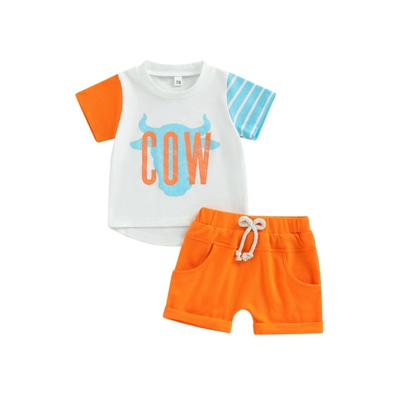 Wassery Toddler Boys 2PCS Western Shorts Sets 6M 12M 18M 24M 3T Infant Baby Boys Clothes Short Sleeve Contrast Color Tops and Drawstring Shorts Sets Cowboy Summer Outfits 0-3T