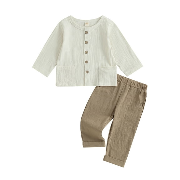 Wassery Toddler Boys Fall Linen Outfits Solid Color Crew Neck Long Sleeve Button-Down Tops and Elastic Waist Long Pants 6M 12M 18M 24M 3T 4T Infant Baby 2Pcs Clothes Set