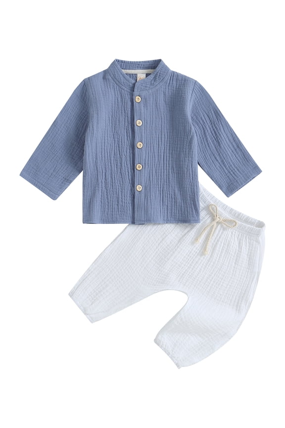Toddler Boys Fall Outfits Cotton Hemp Long Sleeve Buttons Shirts Tops and Elastic Waist Long Pants 6M 12M 18M 24M 3T 4T Infant Baby 2Pcs Casual Clothes Set