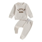 Wassery Toddler Boys Fall Winter Clothes 6M 12M 2T 3T 4T 5T Kids Boys Letter Crewneck Long Sleeve Waffle Sweatshirt Pullover Top Jogger Long Pant Sets 2Pcs