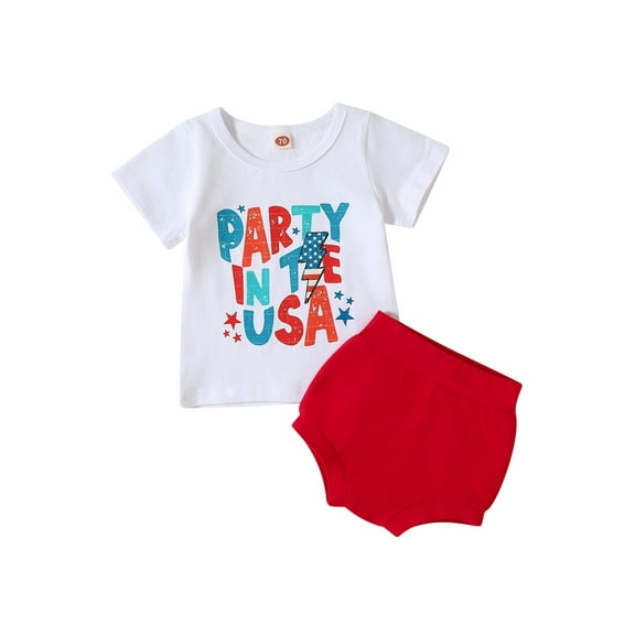 Wassery Toddler Boys Girls Independence Day Outfits Stars Letter Print Short Sleeve Tops Crew Neck T-shirt and Solid Color Shorts 4th of July 2Pcs Summer Casual Clothes Set 6M-4T