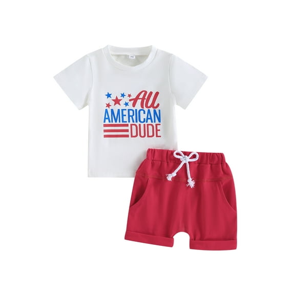 Wassery Toddler Boys Independence Day Clothes Suit  White Short Sleeve Letter Star Print Tops   Red Drawstring Shorts 4th of July Summer Outfit Sets 0-3T