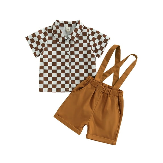 Wassery Toddler Boys Summer Clothes Checkerboard Print Short Sleeve Turn-Down Collar Shirts Tops Straps Shorts 2Pcs Gentleman Set 6M-4T