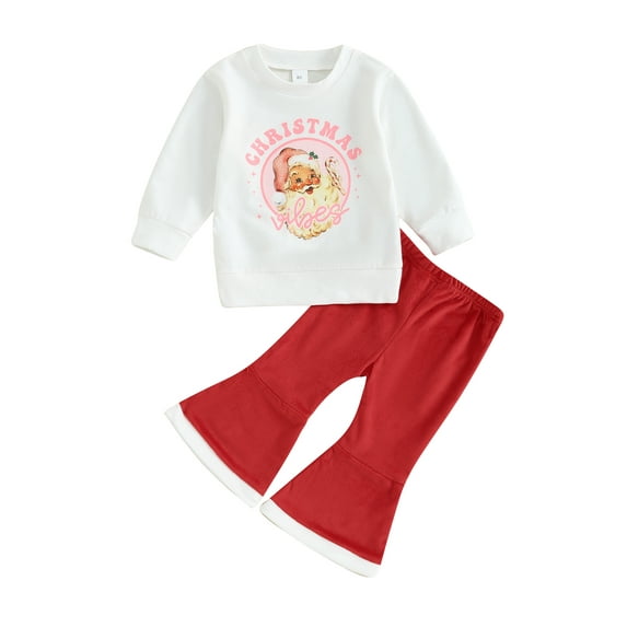 Wassery Toddler Girl Christmas Outfits Clothes 6M 12M 18M 24M 2T 3T 4T Kids Girls Letter Santa Print Crew Neck Sweatshirts Red Flare Pants 2Pcs Christmas Clothing Set
