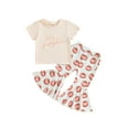 thumbnail image 1 of Wassery Toddler Girl Summer Outfits Letter Print Short Sleeve Tops and Leopard Pumpkin Print Flare Pants 2Pcs Kids Halloween Clothes Set 12M-5T, 1 of 8