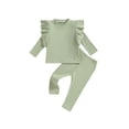 thumbnail image 1 of Wassery Toddler Girls 2 Piece Fall Clothes Solid Color Long Sleeve Ruffles Ribbed Tops and Elastic Pants Set 3 6 12 18 Months Baby Cute Outfit, 1 of 8