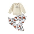 thumbnail image 1 of Wassery Toddler Girls 2PCS Fall Winter Clothes Long Sleeve Letter Print Sweatshirt Pullover Pumpkin Print Flare Pants Set 6M 12M 18T 24T 3T 4T 5T Kids Little Girls Casual Outfits Set, 1 of 8