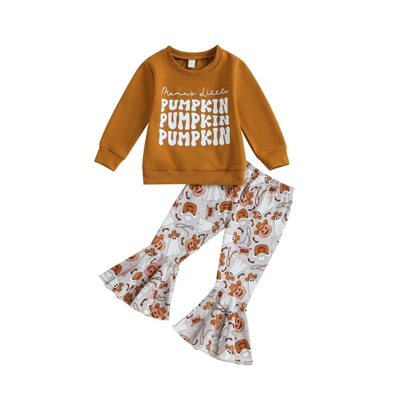 Wassery Toddler Girls 2PCS Halloween Outfits Sets Long Sleeve Letter Print Sweatshirt Pumpkin Ghost Print Elastic Flare Pants Sets 12M 18M 24M 3T 4T 5T Kids Little Girls Fall Casual Clothes