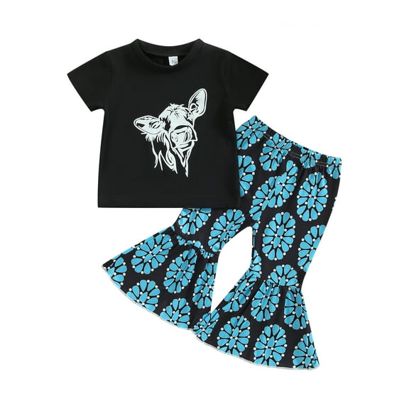 Wassery Toddler Girls 2Pcs Summer Outfits Bull Head Print Short Sleeve Tops Crew Neck T-shirt   Turquoise Pants Set 6M-4T