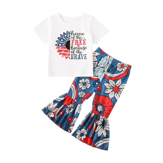 Wassery Toddler Girls 4th of July Outfits Short Sleeve Sunflower Letter Print Tops + Flare Pants Set 12M 18M 24M 2T 3T 4T 5T Baby Girls Summer Independence Day Clothes