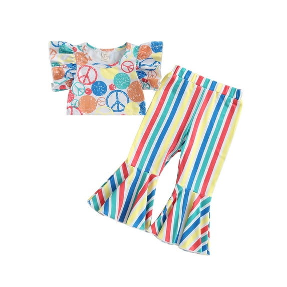 Wassery Toddler Girls Clothes Fly Sleeve Strawberry Floral Graphic Print Tops +Striped Bell Bottoms 2Pcs Infant Baby Summer Casual Outfit Sets 6M-4T